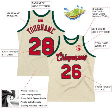 Personalized Red-Hunter Green Basketball Jersey - Custom Cream Throwback Jersey Personalized Cream Red-Hunter Green Throwback