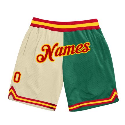 Personalized Authentic Basketball Shorts Custom Name Number Cream Red Kelly Green Split Fashion Team Personalized Cream Red-Kelly