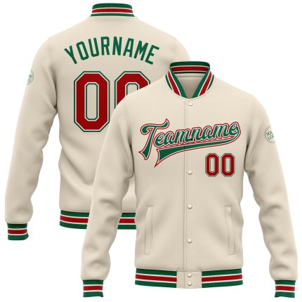 Personalized Varsity Letterman Jacket in Cream Red and Kelly Green Full-Snap Design Personalized Cream Red-Kelly Green Bomber