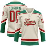 Personalized Hockey Jersey in Cream Red and Kelly Green Lace Neck Design Personalized Cream Red-Kelly Green Hockey Lace Neck
