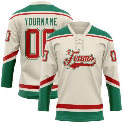 Personalized Hockey Jersey in Cream Red and Kelly Green Lace Neck Design Personalized Cream Red-Kelly Green Hockey Lace Neck