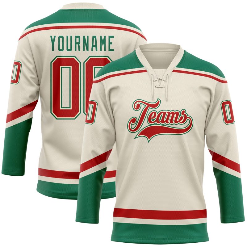 Personalized Hockey Jersey in Cream Red and Kelly Green Lace Neck Design Personalized Cream Red-Kelly Green Hockey Lace Neck
