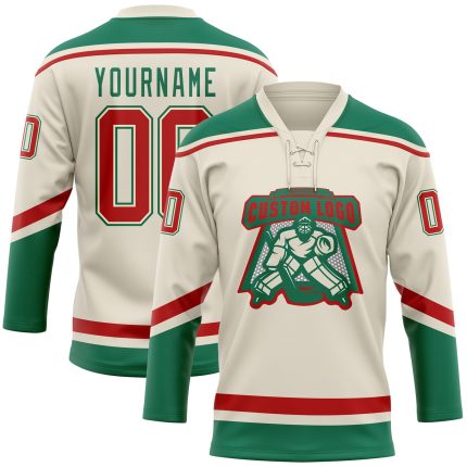 Custom Name and Number Hockey Jersey Personalized Cream Red-Kelly Green Lace Design Team Jersey Personalized Cream Red-Kelly