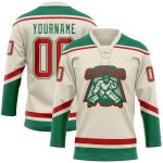 Personalized Hockey Jersey in Cream Red and Kelly Green Lace Neck Design Personalized Cream Red-Kelly Green Hockey Lace Neck