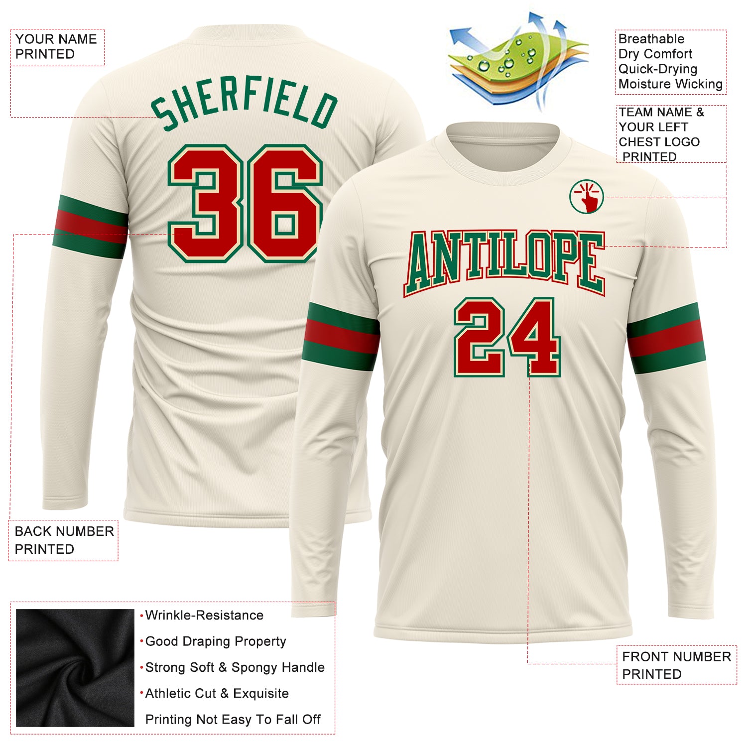 Personalized Long Sleeve Performance T-Shirt in Cream Red and Kelly Green Personalized Cream Red-Kelly Green Long Sleeve - Image 3