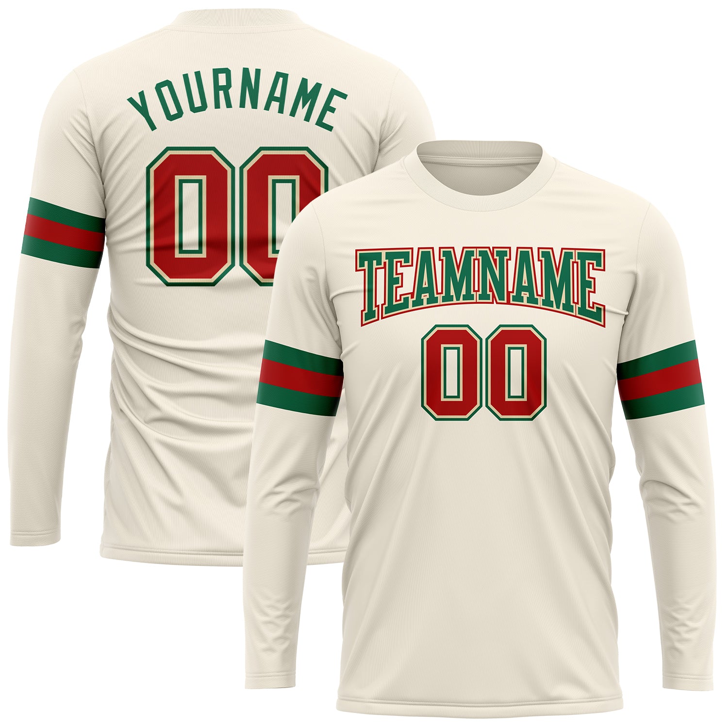 Custom Team Name Number Long Sleeve Performance T-Shirt Cream Red Kelly Green - Personalized Sports Apparel Personalized