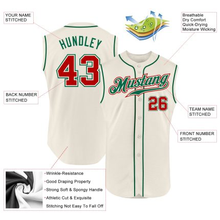 Personalized Red Cream Sleeveless Baseball Jersey for Custom Team Apparel Personalized Cream Red-Kelly Green Sleeveless Baseball