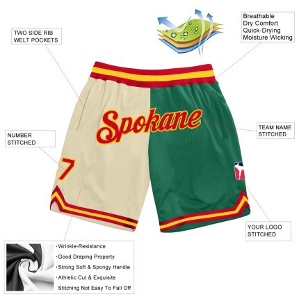 Personalized Red and Kelly Green Throwback Basketball Shorts for Men Personalized Cream Red-Kelly Green Throwback Split Fashion