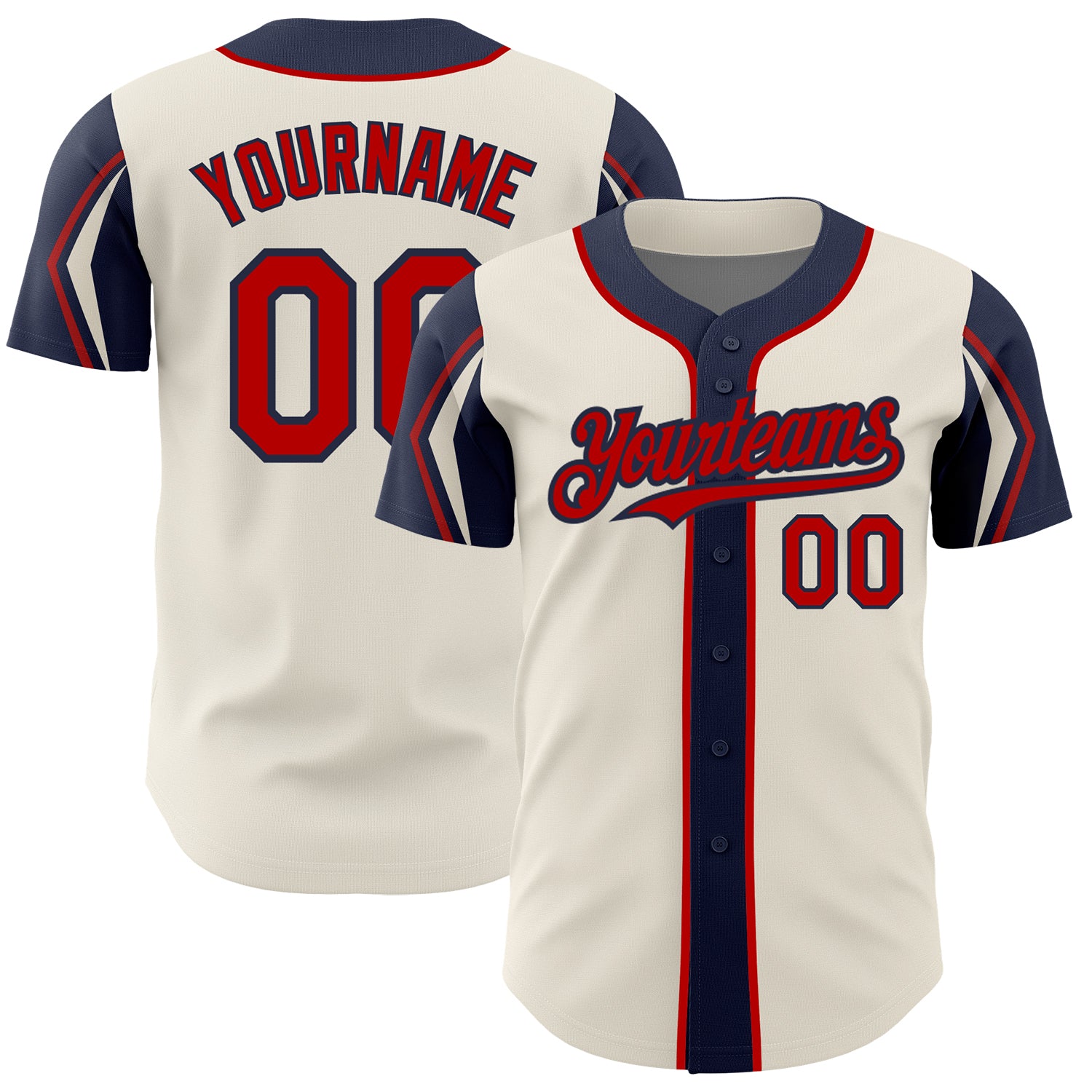Personalized Baseball Jersey in Cream Red-Navy - 3 Color Arm Shapes Design Personalized Cream Red-Navy 3 Colors Arm Shapes