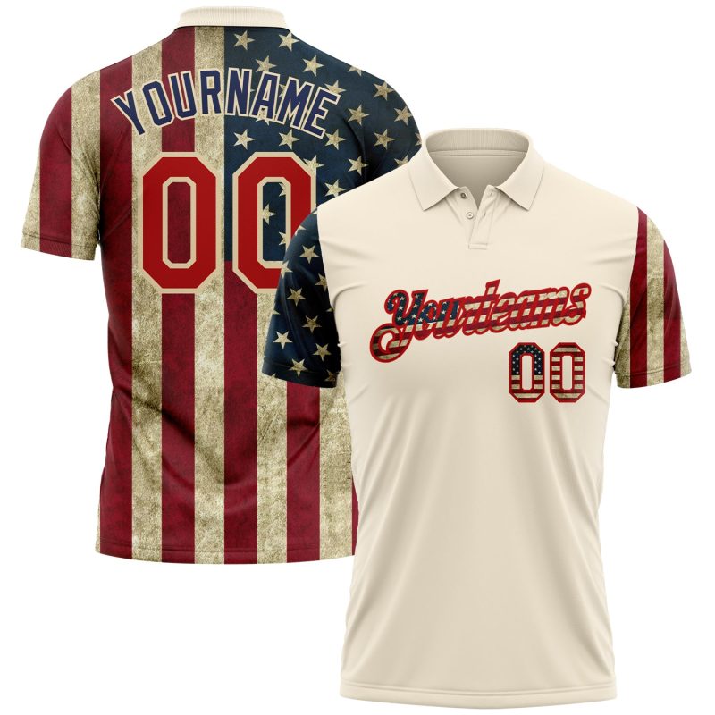 Custom American Flag Golf Polo Shirt - 3D Design, Red-Navy Performance Style Personalized Cream Red-Navy 3D American Flag