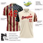 Custom American Flag Golf Polo Shirt with Personalized Name and Number - Cream Red-Navy Performance Style Personalized Cream