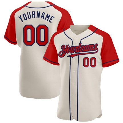 Custom Name and Number Personalized Baseball Jersey in Cream Red-Navy, Authentic Raglan Sleeves Personalized Cream Red-Navy