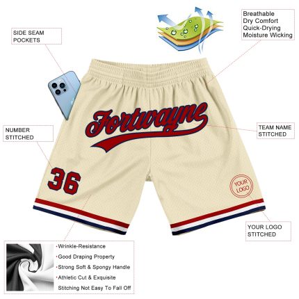 Personalized Red-Navy Cream Basketball Shorts - Authentic Throwback Style Personalized Cream Red-Navy Authentic Throwback