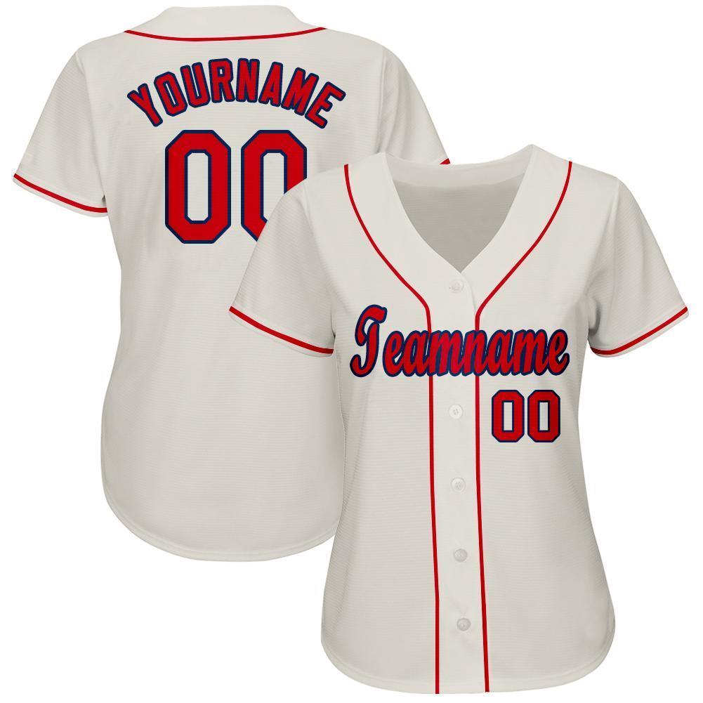Personalized Red-Navy Baseball Jersey for Men and Women, Custom Cream Design 2 Personalized Cream Red-Navy Baseball Jersey