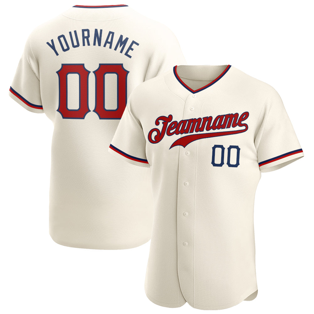 Personalized Red-Navy Baseball Jersey for Kids, Custom Cream Baseball Uniform 5 Personalized Cream Red-Navy Baseball Jersey