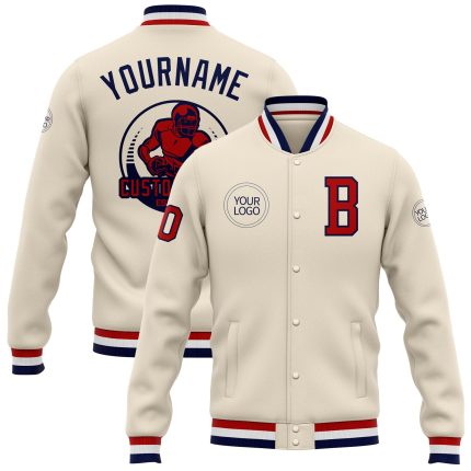 Personalized Red Navy Bomber Varsity Letterman Jacket Full-Snap for Men and Women Personalized Cream Red-Navy Bomber Full-Snap