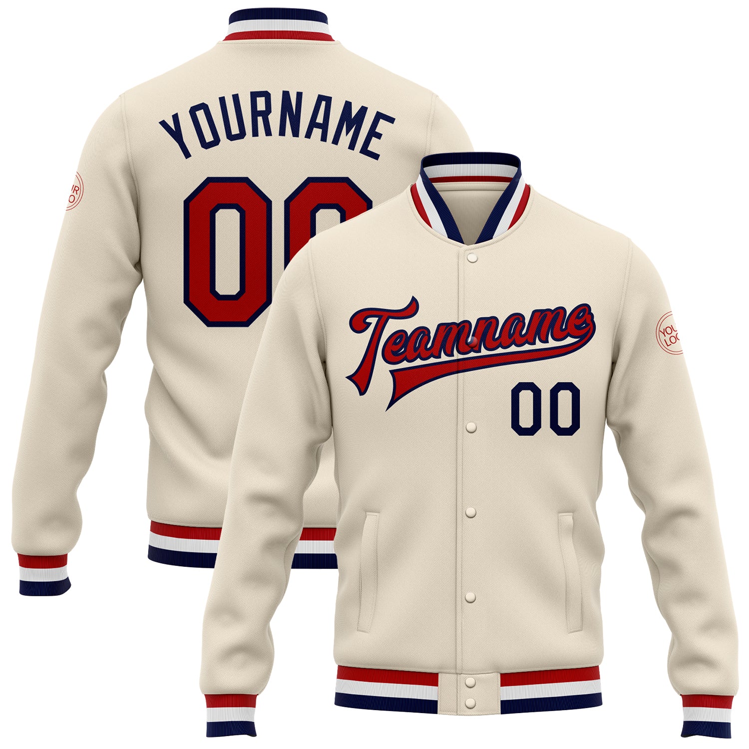 Custom Name and Number Personalized Varsity Letterman Jacket Red-Navy Full-Snap Cream Bomber Personalized Cream Red-Navy