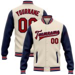 Personalized Red Navy Two Tone Bomber Full-Snap Varsity Letterman Jacket Personalized Cream Red-Navy Bomber Full-Snap Varsity
