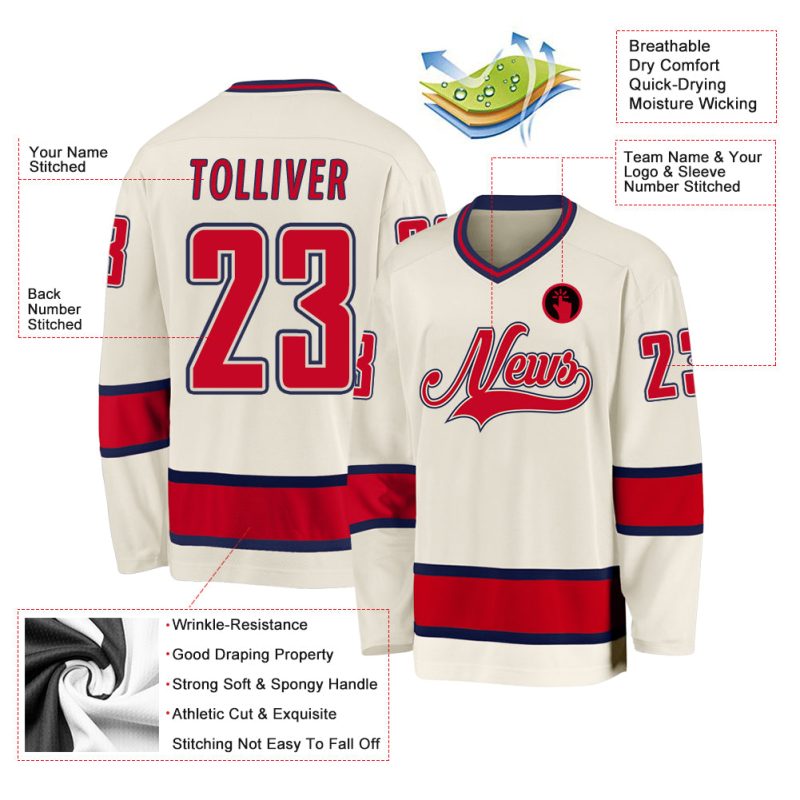Custom Hockey Jersey Personalized with Name and Number in Cream Red-Navy Personalized Cream Red-Navy Hockey Jersey Team Custom