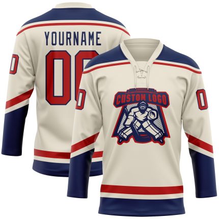 Personalized Red Navy Hockey Jersey with Lace Neck - Customizable Cream Team Apparel Personalized Cream Red-Navy Hockey Lace