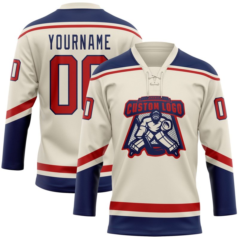 Personalized Red Navy Hockey Jersey with Lace Neck - Customizable Cream Team Apparel Personalized Cream Red-Navy Hockey Lace