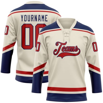 Custom Name and Number Hockey Jersey Lace Neck - Personalized Cream Red-Navy Team Apparel Personalized Cream Red-Navy Hockey