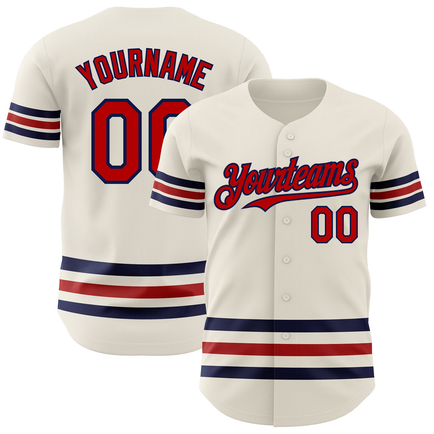 Personalized Red-Navy Line Baseball Jersey for Men and Women, Custom Cream Design Personalized Cream Red-Navy Line Baseball