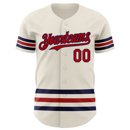 Personalized Red-Navy Line Baseball Jersey for Men and Women, Custom Cream Design Personalized Cream Red-Navy Line Baseball
