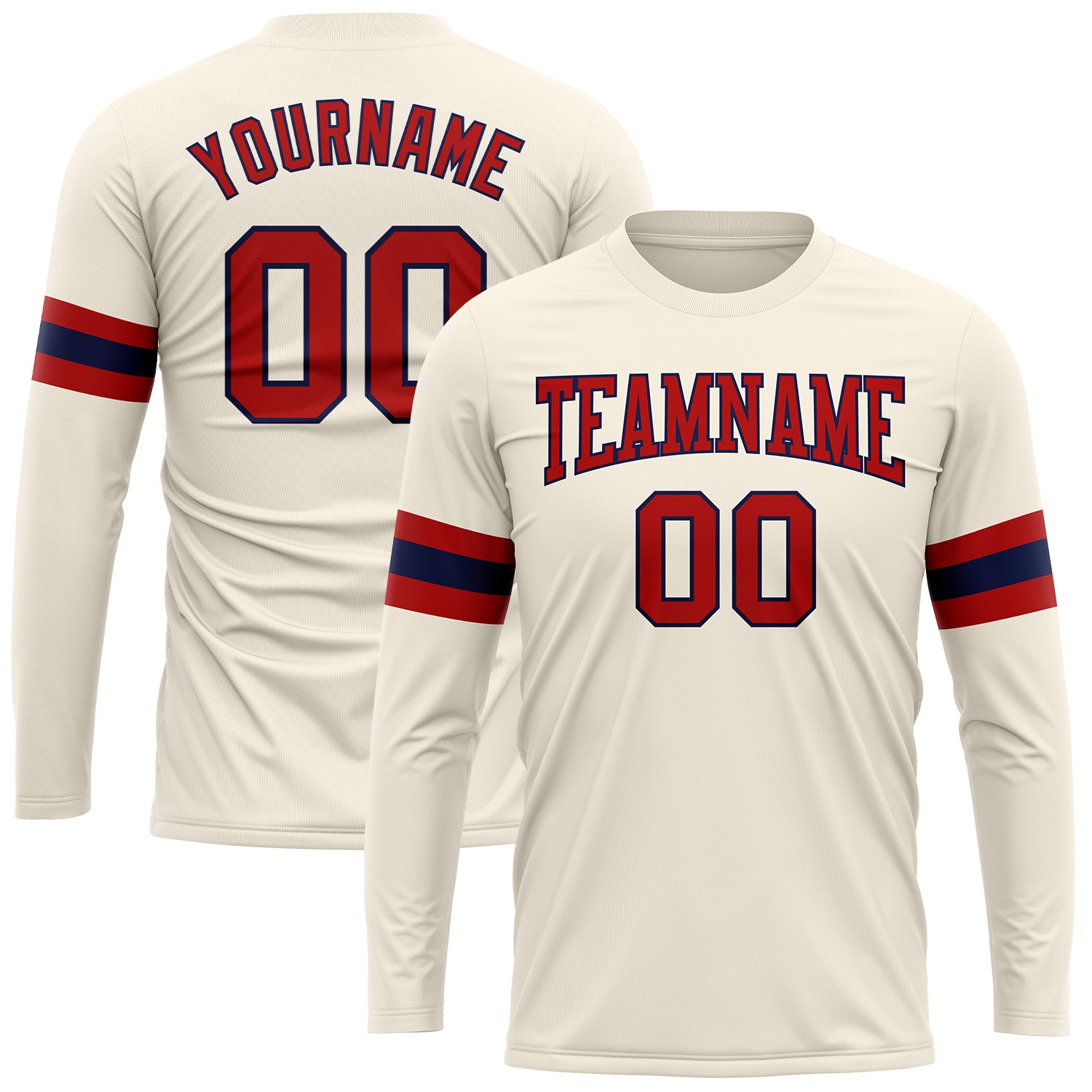 Custom Team Name & Number Long Sleeve Performance T-Shirt - Personalized Cream Red-Navy Color Personalized Cream Red-Navy