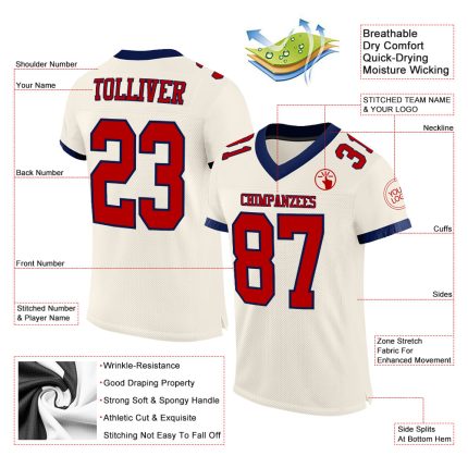Customizable Red Navy Mesh Football Jersey for Kids, Personalized Sports Apparel Size 3 Personalized Cream Red-Navy Mesh