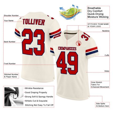 Custom Red Navy Cream Football Jersey for Men and Women Personalized Cream Red-Navy Mesh Football Jersey