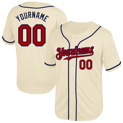 Personalized Red-Navy Mesh Throwback Baseball Jersey for Men and Women Personalized Cream Red-Navy Mesh Throwback Baseball