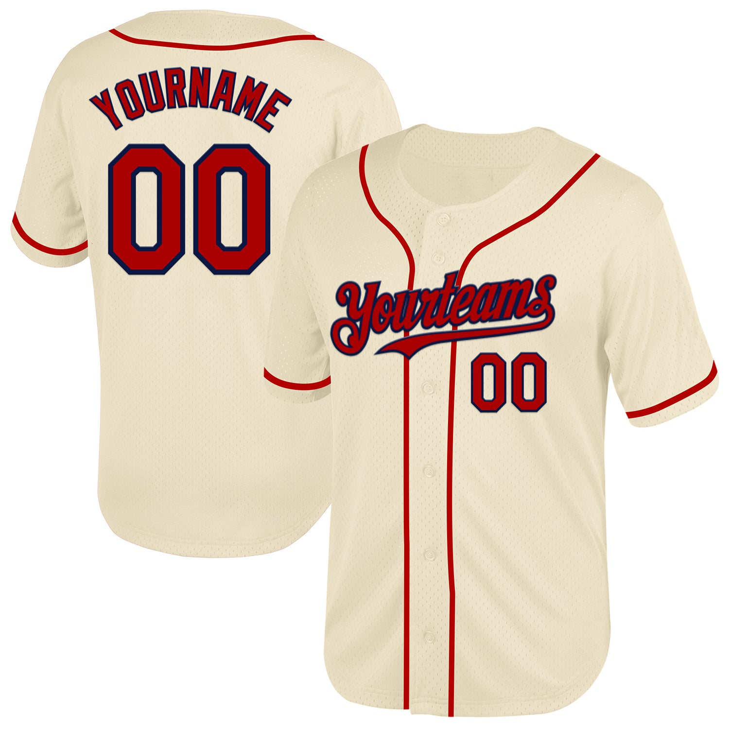 Personalized Red Navy Cream Mesh Baseball Jersey - Throwback Style Personalized Cream Red-Navy Mesh Throwback Baseball Jersey