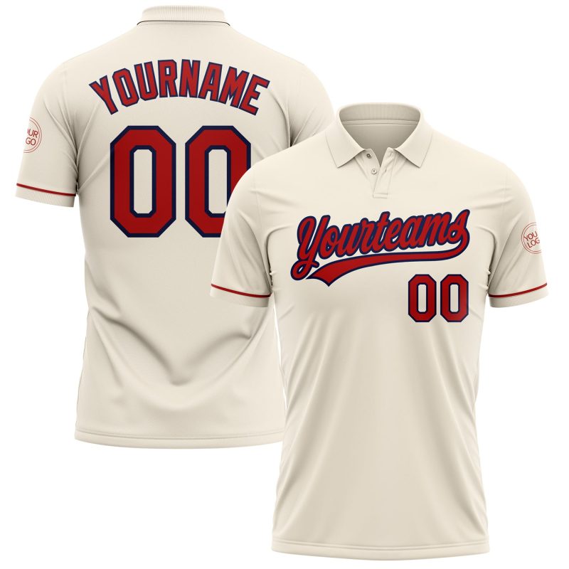 Personalized Red Navy Vapor Golf Polo Shirt - Performance Fabric, Comfortable Fit Personalized Cream Red-Navy Performance