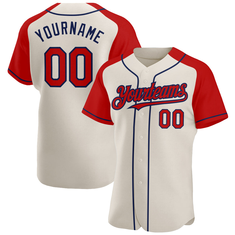 Personalized Red Navy Cream Baseball Jersey with Raglan Sleeves Personalized Cream Red-Navy Raglan Sleeves Baseball Jersey
