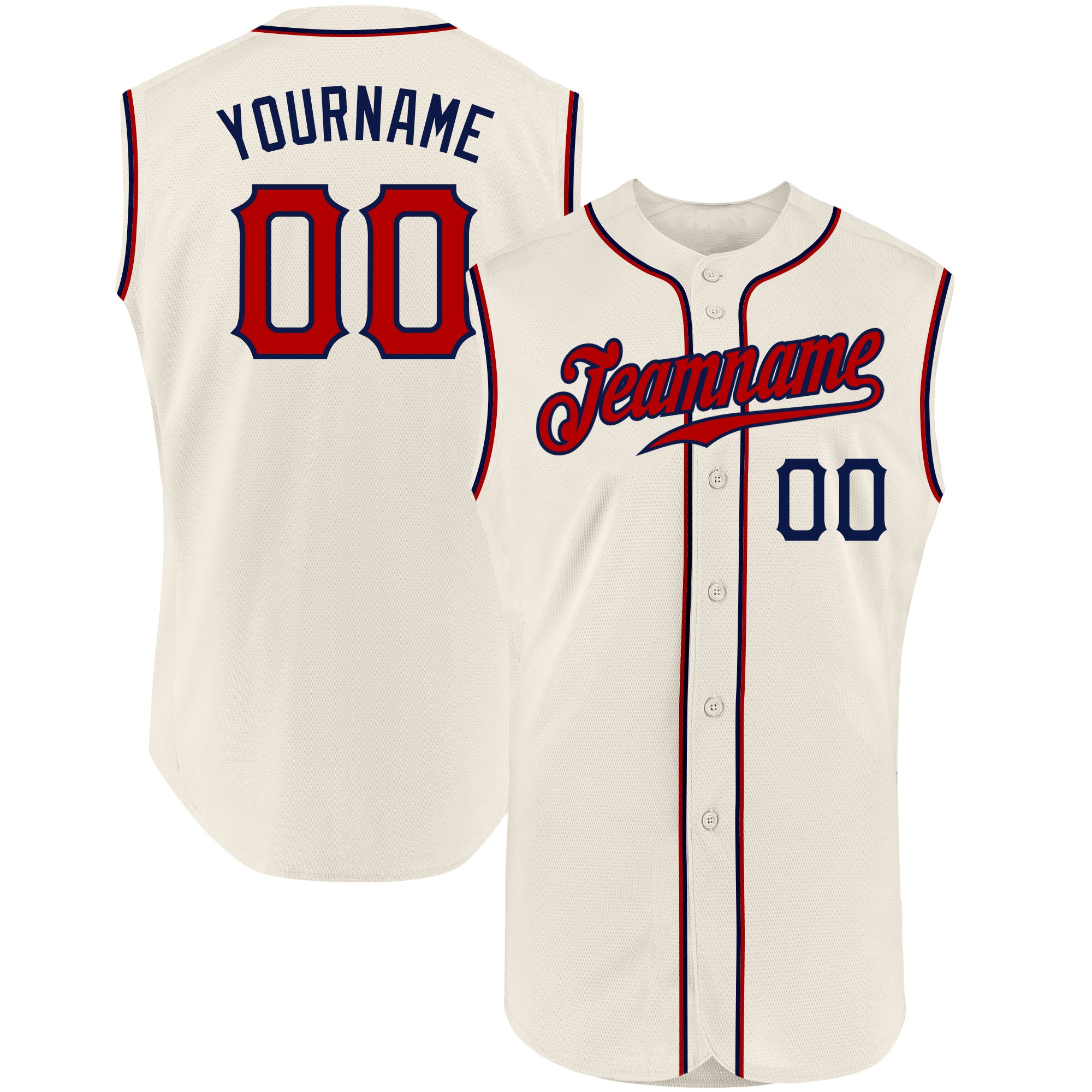 Personalized Red-Navy Baseball Jersey for Men, Cream Sleeveless Athletic Wear 2 Personalized Cream Red-Navy Sleeveless Baseball