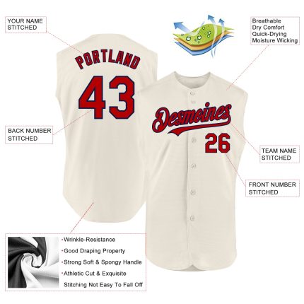 Personalized Sleeveless Baseball Jersey in Cream Red-Navy - Custom 3 Personalized Cream Red-Navy Sleeveless Baseball Jersey