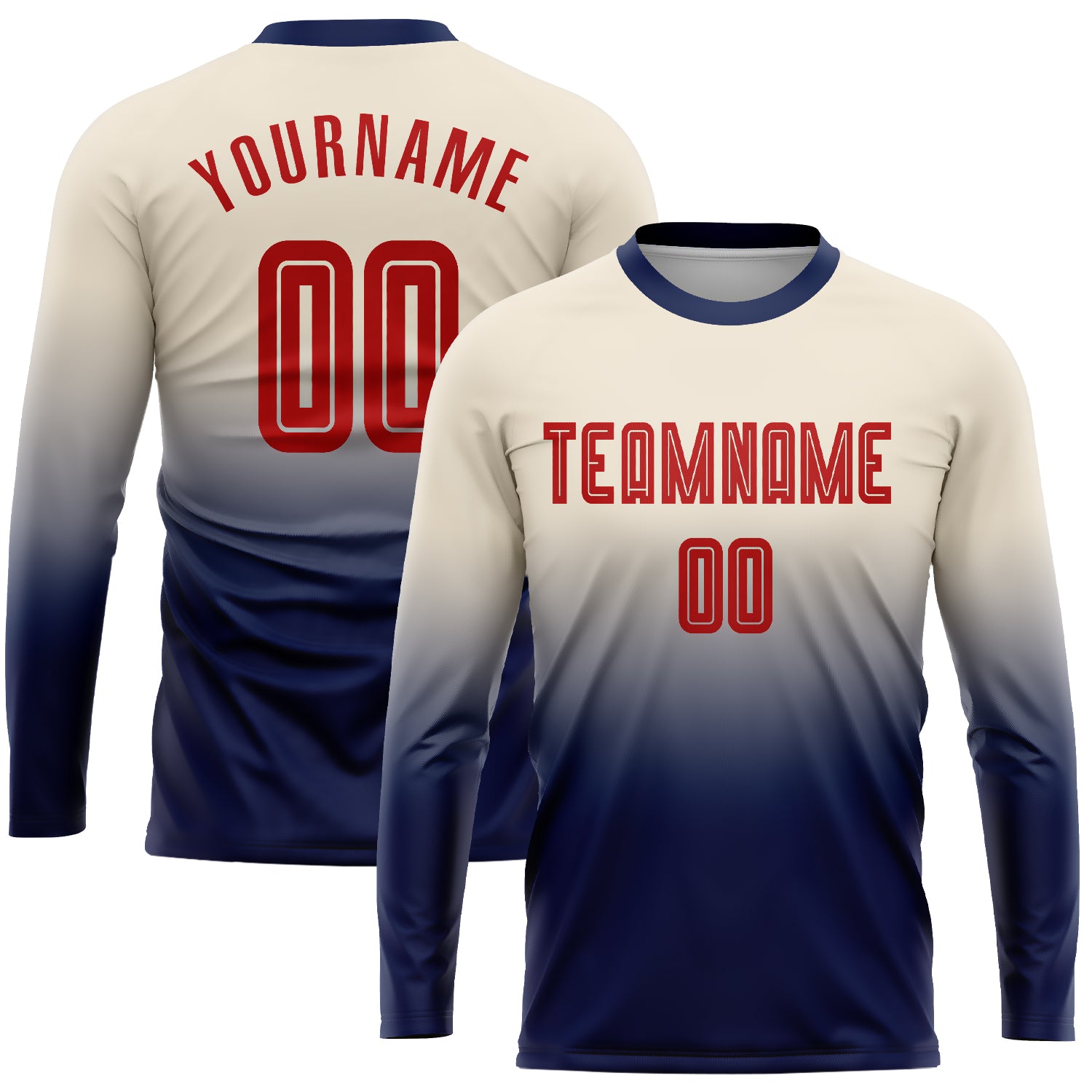Personalized Red-Navy Soccer Uniform Jersey Long Sleeve Fade Fashion Cream Personalized Cream Red-Navy Sublimation Long Sleeve