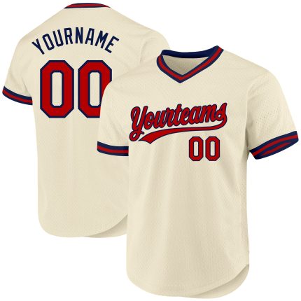 Personalized Red-Navy Throwback Baseball Jersey - Custom Cream Jersey Personalized Cream Red-Navy Throwback Baseball Jersey
