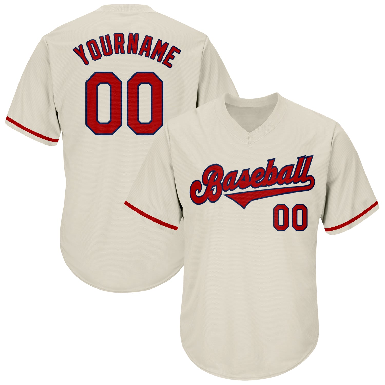 Personalized Red Navy Throwback Baseball Jersey Shirt - Cream Rib-Knit Design Personalized Cream Red-Navy Throwback Rib-Knit