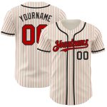 Custom Name and Number Authentic Baseball Jersey - Personalized Black Cream Red Pinstripe Design Personalized Cream Red Pinstripe