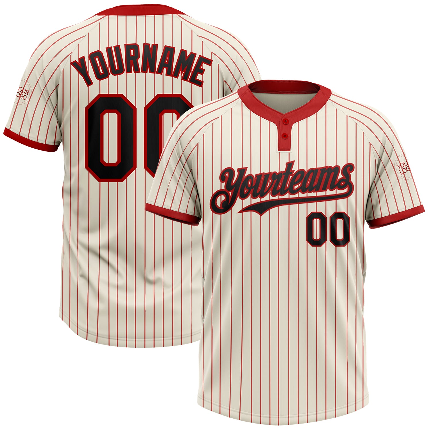 Personalized Red Cream Pinstripe Softball Jersey Unisex Two-Button Design Personalized Cream Red Pinstripe Black Two-Button