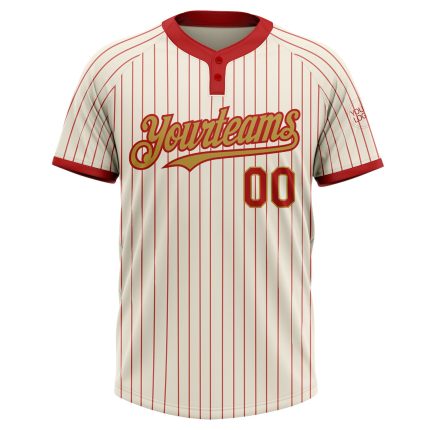 Custom Name Number Unisex Softball Jersey - Personalized Cream Red Pinstripe Old Gold Two-Button Design Personalized Cream