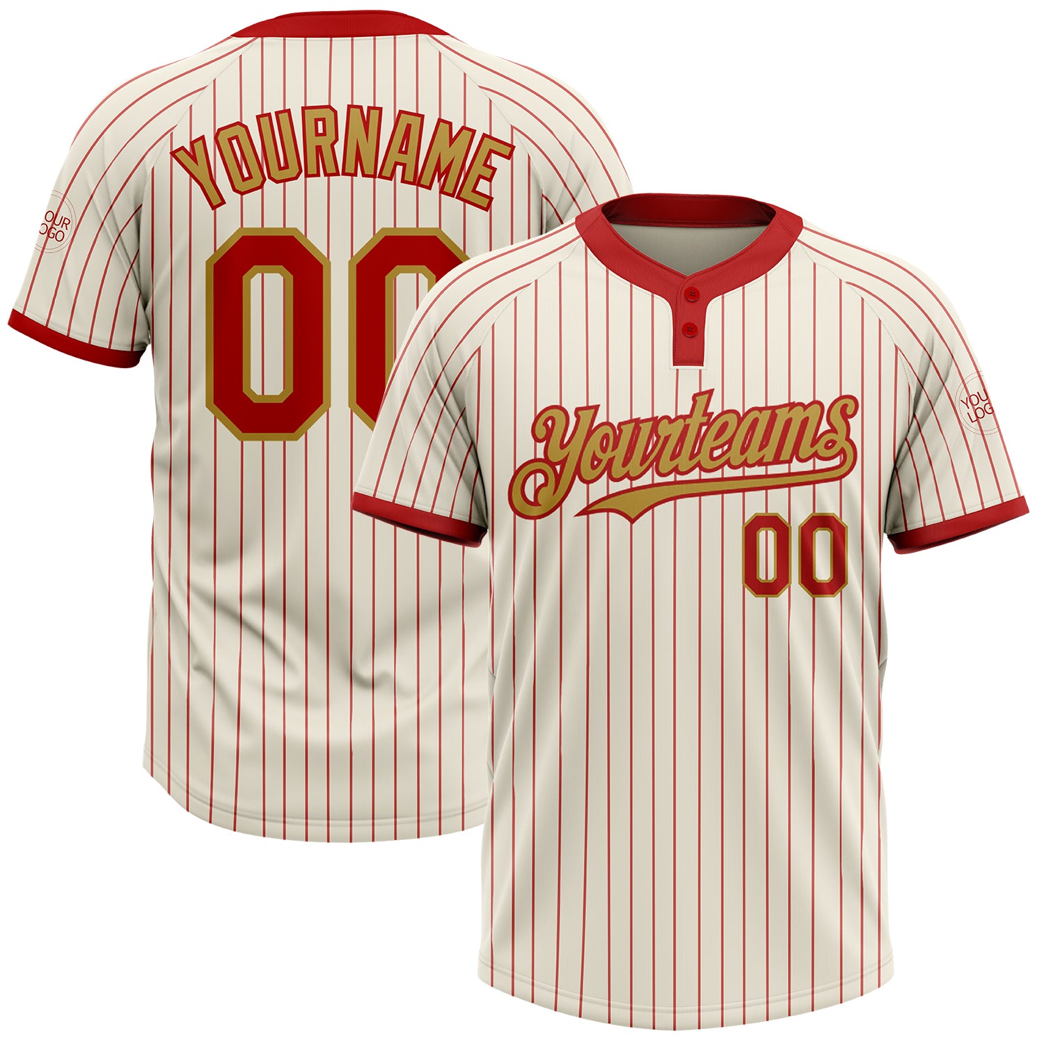 Custom Name Number Unisex Softball Jersey - Personalized Cream Red Pinstripe Old Gold Two-Button Design Personalized Cream