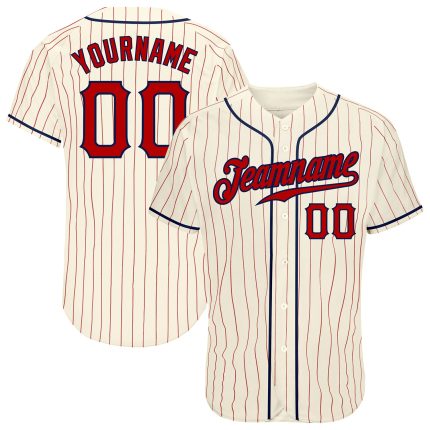 Custom Name and Number Authentic Baseball Jersey - Personalized Red Navy Pinstripe Design Personalized Cream Red Pinstripe