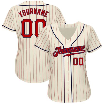 Personalized Red Navy Pinstripe Baseball Jersey for Men and Women Personalized Cream Red Pinstripe Red-Navy Baseball Jersey