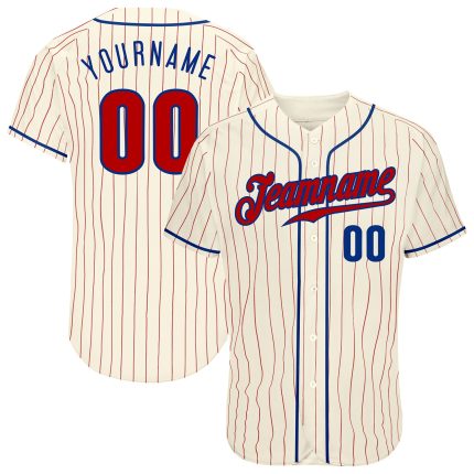 Personalized Red Royal Pinstripe Baseball Jersey - Cream Color Personalized Cream Red Pinstripe Red-Royal Baseball Jersey