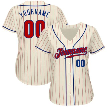 Personalized Red Royal Pinstripe Baseball Jersey - Cream Color Personalized Cream Red Pinstripe Red-Royal Baseball Jersey