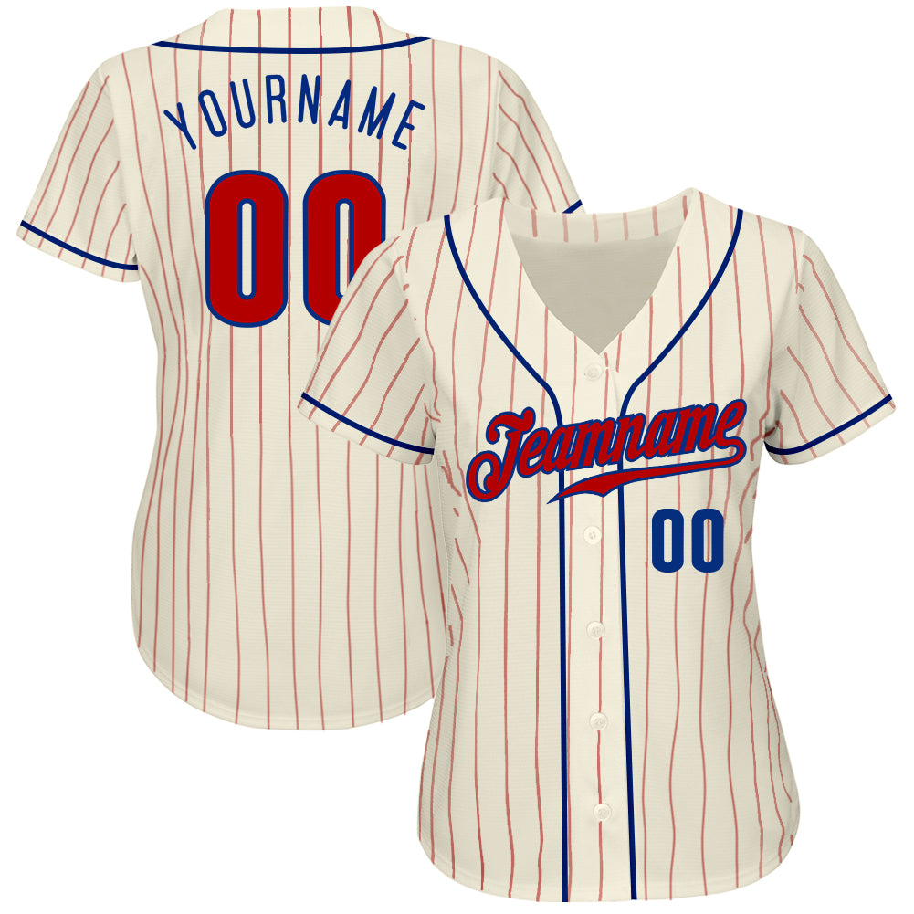 Personalized Red Royal Pinstripe Baseball Jersey - Cream Color Personalized Cream Red Pinstripe Red-Royal Baseball Jersey - Image 2