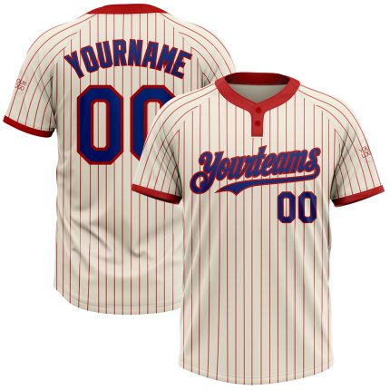 Personalized Unisex Softball Jersey - Cream Red Pinstripe Two-Button Design Personalized Cream Red Pinstripe Royal Two-Button